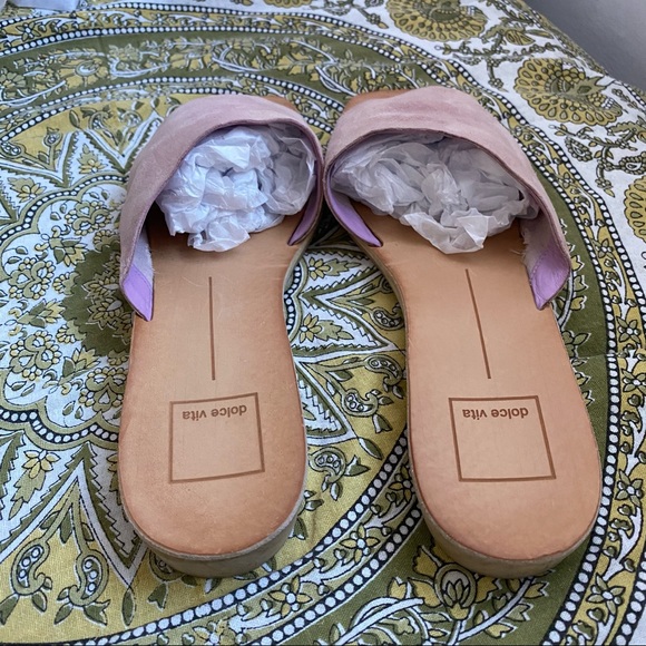 Dolce Vita Hildy Wooden Heeled Slip On Slides Sandals in Blush Pink Suede - Picture 3 of 10